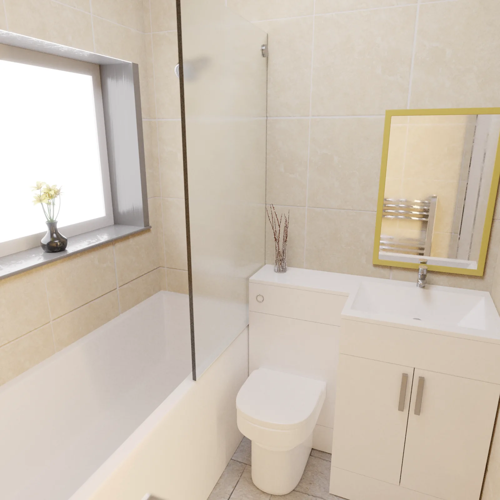 Rendered bathroom redesign showing the bath, shower and vanity