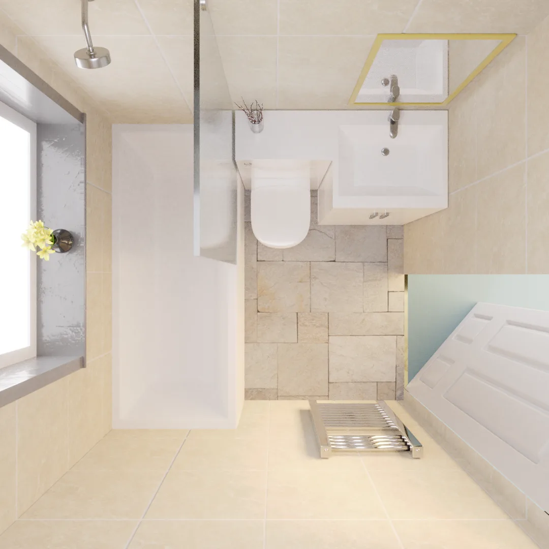 Top-down rendered bathroom redesign showing the proposed layout