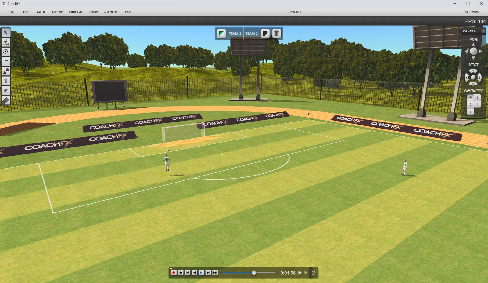 CoachFX outdoor football training ground with players and pitch markings