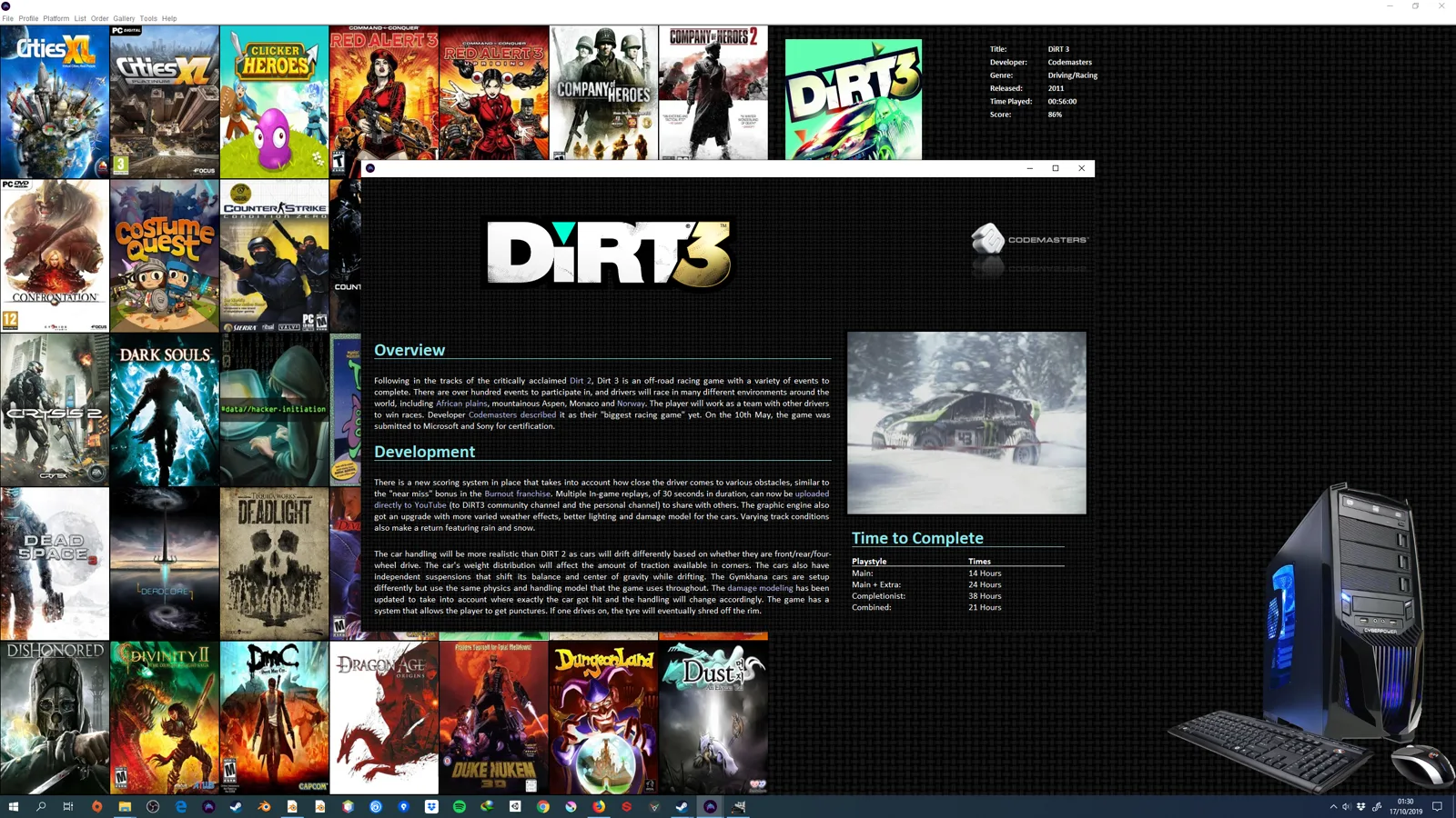 Java emulator frontend showing a game information and development panel