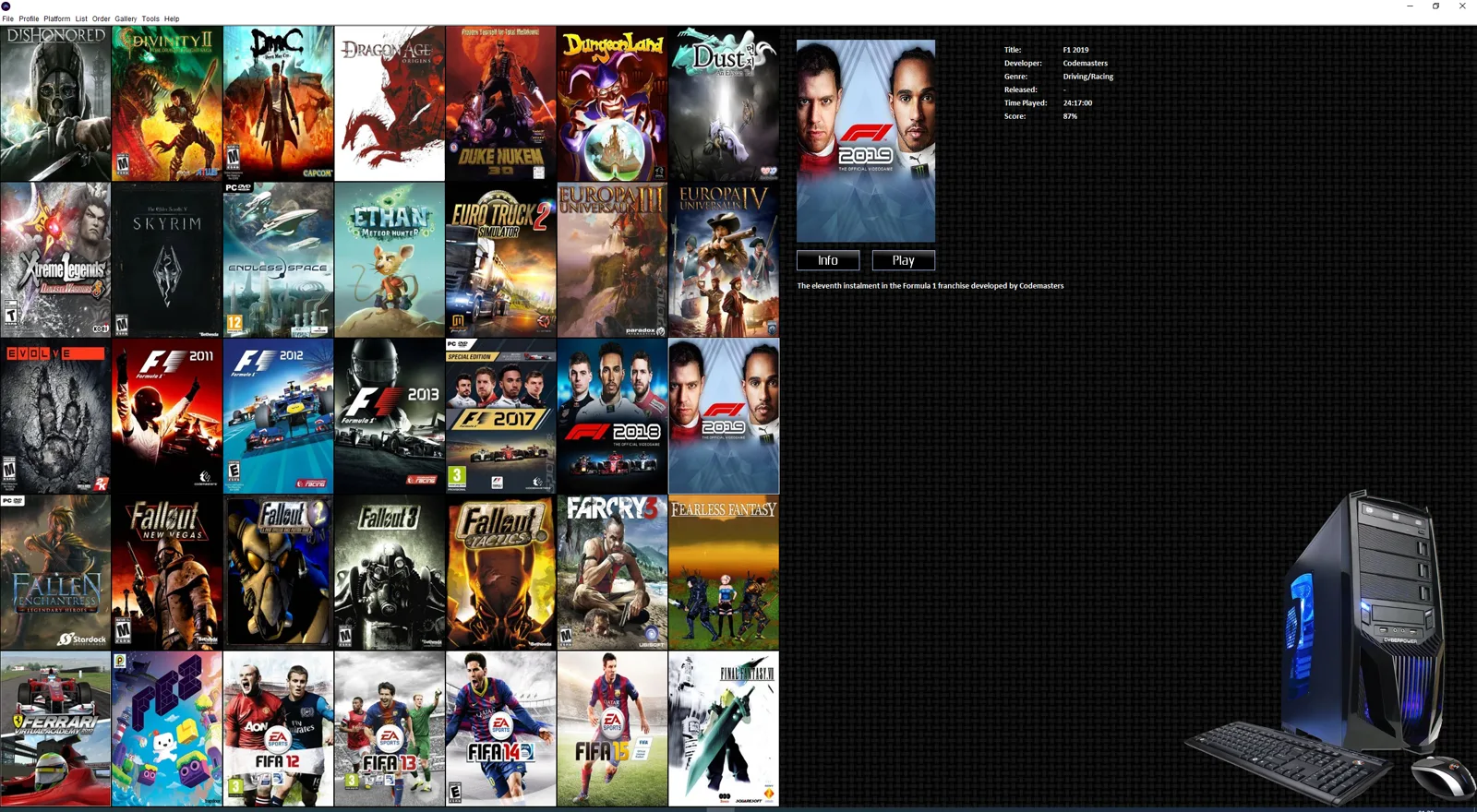 Java emulator frontend showing a grid of games and selected game details