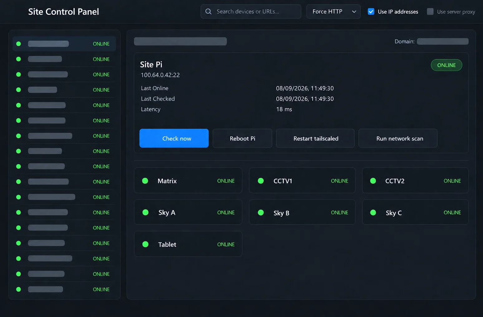Anonymised Tailnet Control Panel showing online site status, Raspberry Pi controls and direct device links