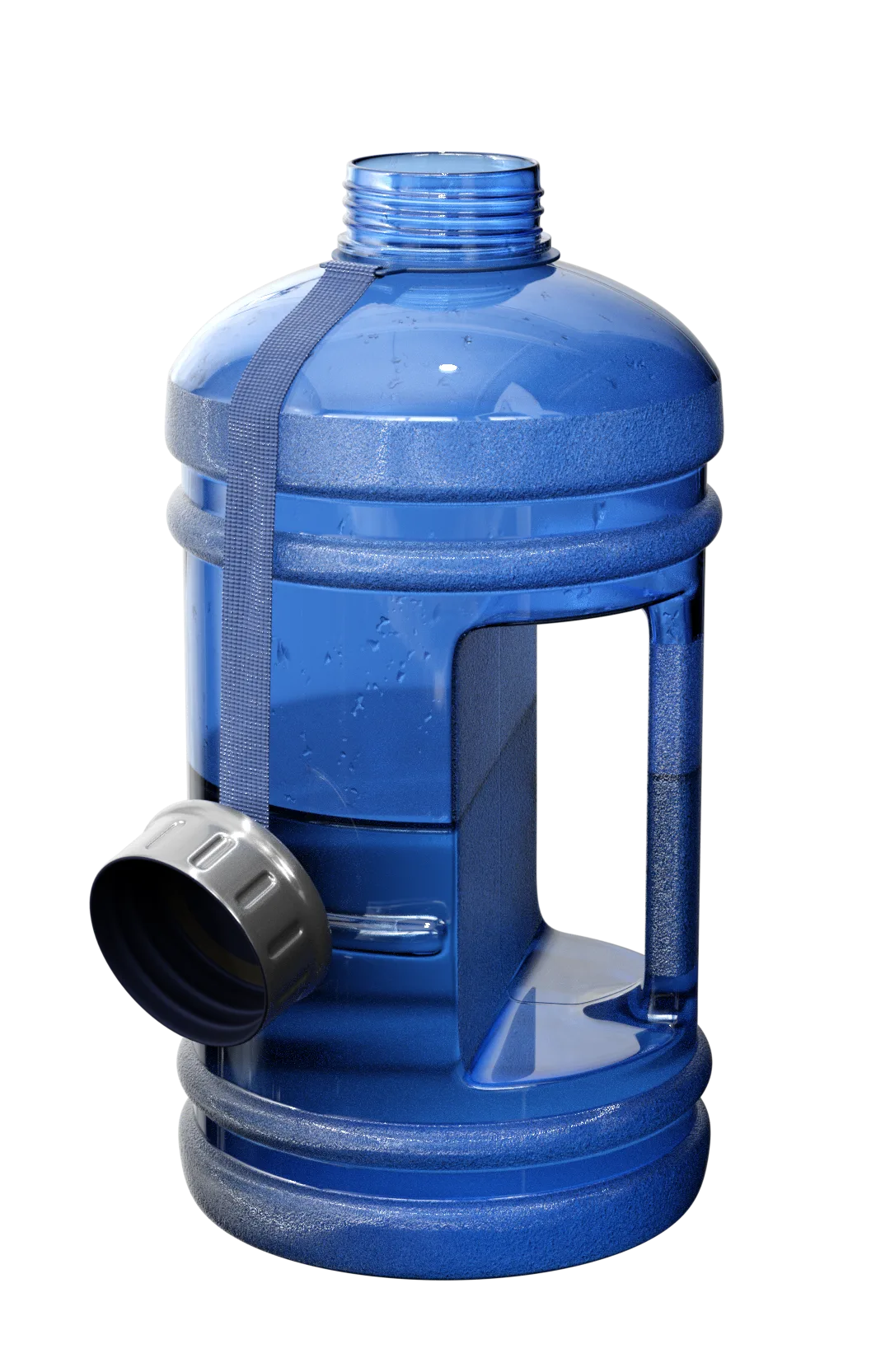 Finished blue water bottle render with cap and carry strap